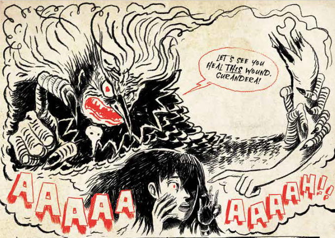 interior artwork from CLOCKWORK CURANDERA VOL 1: THE WITCH OWL PARLIAMENT showing the witch owl hovering over woman with black hair and taunting her to heal a wound