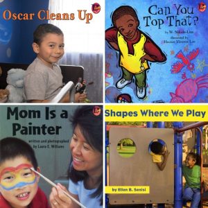 Book covers of OSCAR CLEANS UP, CAN YOU TOP THAT?, MOM IS A PAINTER, and SHAPES WHERE WE PLAY
