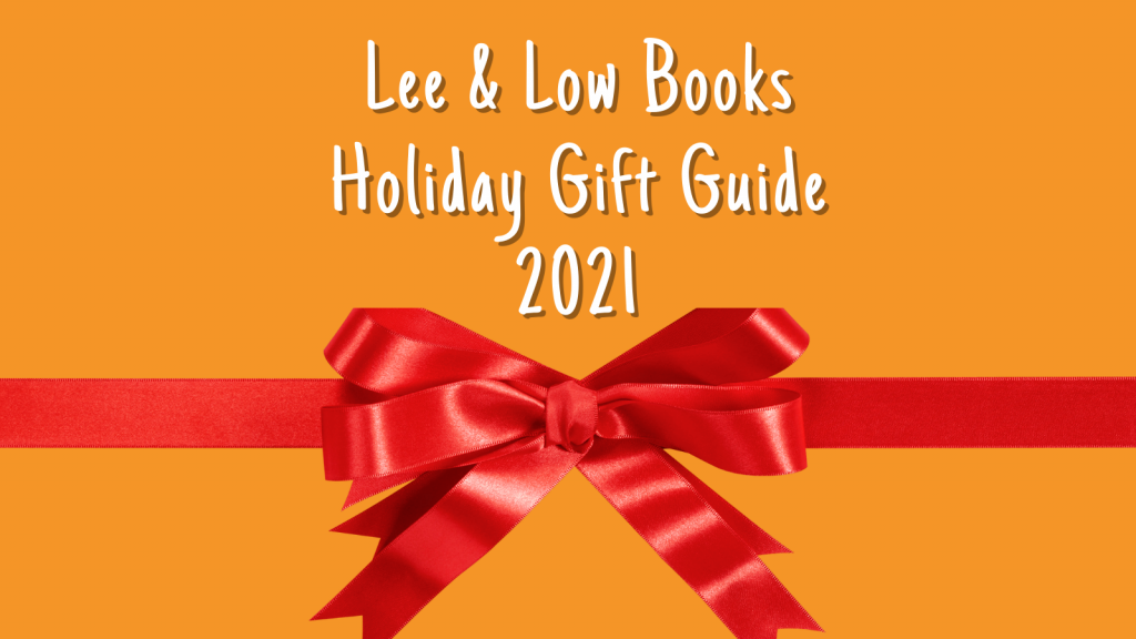 Orange background with shiny, red bow; in white text "Lee & Low Books Holiday Gift Guide 2021"
