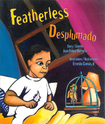 Cover of Featherless/Desplumado showing a child in bed with a bird on the bedside table