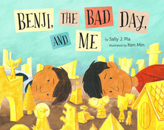 Cover of Benji, the Bad Day, and Me showing two brothers with their heads down on either side of the table and lots of toys/miniatures surrounding them.