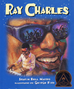 Cover of Ray Charles showing a large illustration of older Ray Charles will sunglasses behind a smaller illustration of younger Ray Charles playing piano