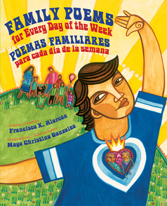 Shows cover of Family Poems for Every Day of the Week/Poemas familiares para cada día de la semana with illustration of person dancing on grass wearing a blue shirt with a heart on it and bright sunshine and people behind them