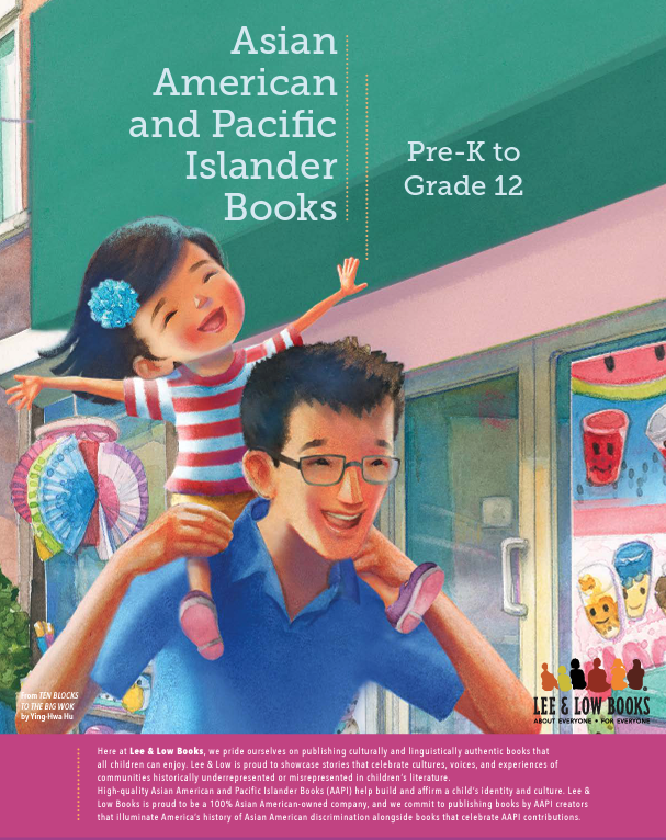 Cover of AAPI Book List showing a young Chinese American girl on her uncle's shoulders with a storefront behind them