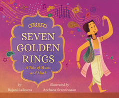 Cover of Seven Golden Rings showing  a man in ancient India walking with music and magic trailing behind him