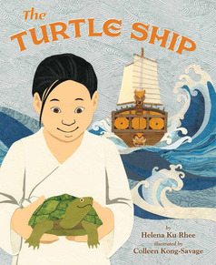 Cover of The Turtle Ship showing a young boy holding a turtle with a ship and waves in the background