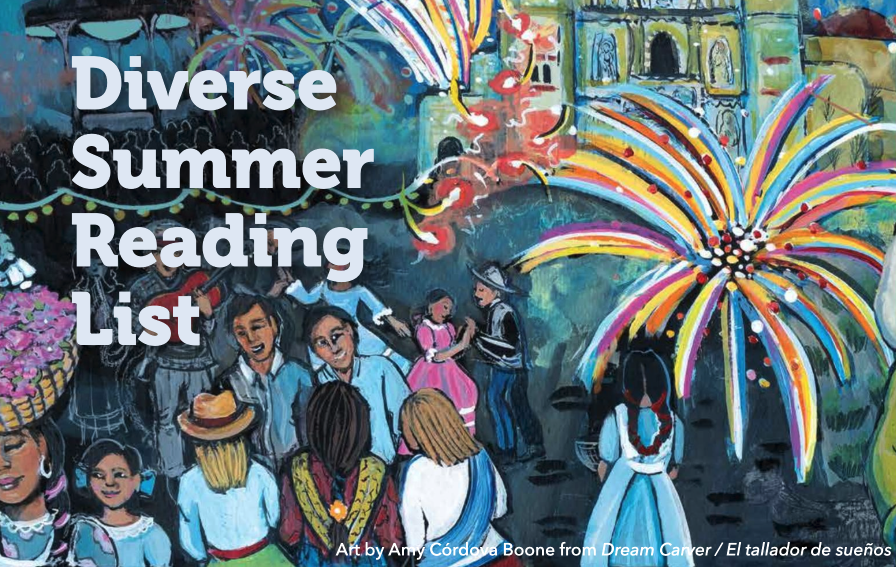 Graphic with the words "Diverse Summer Reading List" in front of an illustration of people dancing while fireworks go off