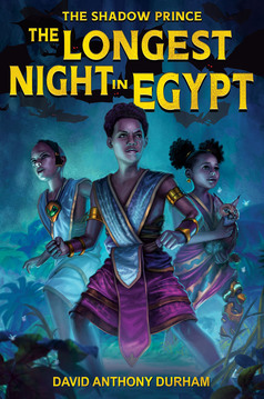 Cover of The Longest Night in Egypt showing three young Egyptian children wearing solar powered armor that isn't.. Everything is blue and shadowy.