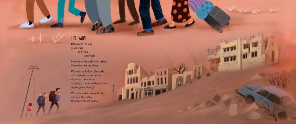 A spread from the book with the poem THE WALK showing the family walking past destroyed buildings and a car in a desert setting 