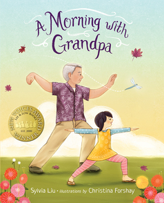Cover of A Morning with Grandpa showing a young girl doing yoga and her grandpa doing tai-chi