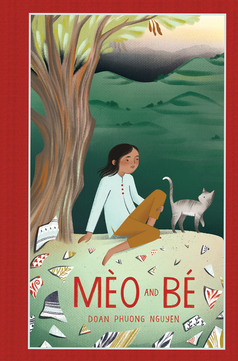 Cover of Mèo and Bé showing a young girl with a cat sitting under a tree on a hill and shards of a pot broken on the grass around them