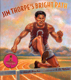 Cover of Jim Thorpe's Bright Path, showing Jim leaping in the air over a hurdle on the track.