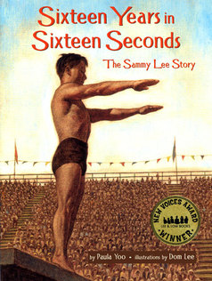Cover of Sixteen Years in Sixteen Seconds, showing Sammy Lee standing atop a diving board with his arms straight out in front of him, preparing to leap.