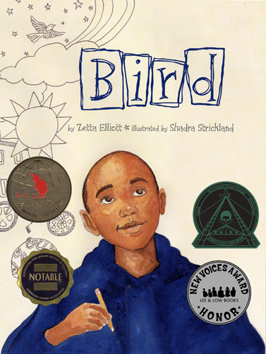 Cover of Bird, showing a young Black boy holding a pen and smiling, looking inspired.