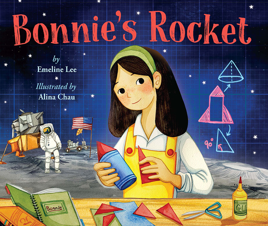 Cover for Bonnie's Rocket, showing a young girl holding a cylinder base and cone top, that look like pieces of a tiny rocket. The table in front of her has an open book and craft supplies on it. In the background, there is an astronaut on the moon, and sketches of rockets on a starry night sky.