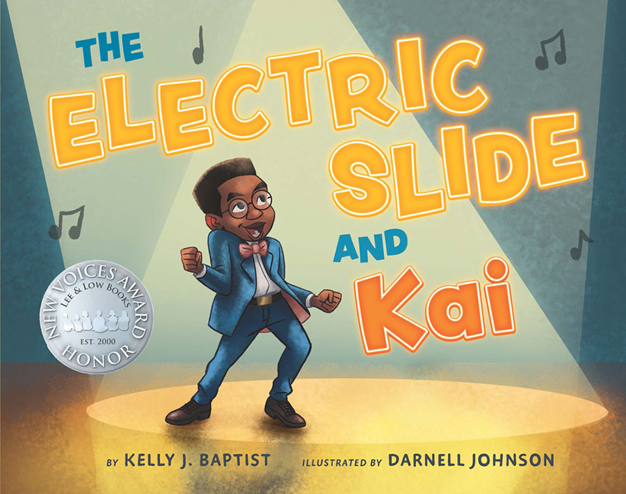 Cover of The Electric Slide and Kai, showing a young Black boy dancing on an empty stage. A spotlight is on him, and musical notes are floating in the air around him.